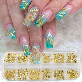JFIYUOMCI 12 Grids Ocean Nail Charms, Gold Beach Nail Gems and Charms Rhinestones - Sea Star Shell Sea Horse Coconut Tree Nail Art Decoration, 3D Metal Studs Summer Jewelry for Women