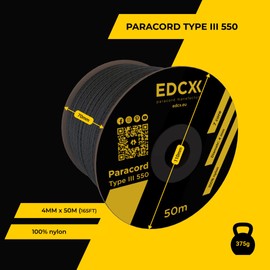 EdcX Paracord 4mm, 20+ Military Colors (15m, 30m, 50m, 100m, 300m) | Ideal for Camping, Survival, Outdoor, Crafting, DIY | 100% Nylon Rope 4mm | Tactical Cord 550 Type III (Black Snake, 50 m)