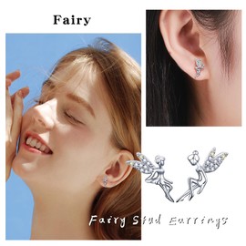 Qings Women's Earrings 925 Silver Angel Elf Flower Fairy CZ Stud Earrings Vintage Sterling Elven Wings White Shiny Jewellery Gift Decoration for Women with Gift Box, Sterling Silver, Cubic Zirconia