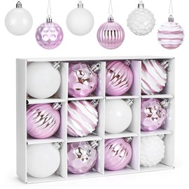 Meleager Christmas Baubles Pink Purple, 12 Pieces Christmas Tree Baubles Set, Christmas Tree Baubles Plastic 6 cm, Large Plastic Bauble Christmas Tree Decoration Hanging Decorations