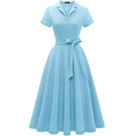 Wedtrend Women's Vintage Tea Dress, Short Sleeve Cocktail Party Dress Work Church Casual Dress WTP30001BlueM
