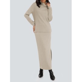 Casly Lamiit Womens 2 Piece Skirt Set Winter Lounge Turtleneck Tops Pocket Long Skirts Travel Outfits Dressy Casual Knit Clothes Dark Beige M