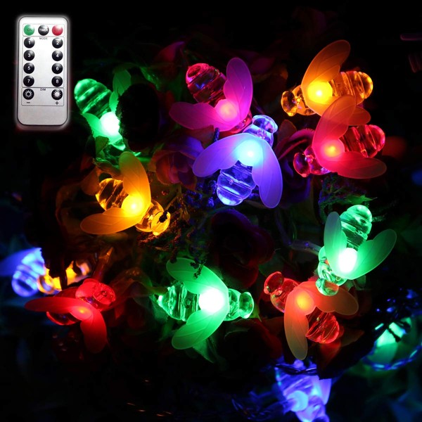 Dreamworth Bee String Lights, 19.6Ft 40 Led Bee Shape Fairy String Lights Battery Operated String Lights with Remote Control for Garden, Patio, Lawn Decoration (Colorful)