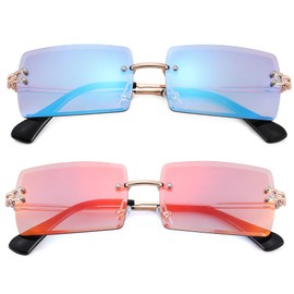 Rectangle Sunglasses for Men/Women Small Rimless Square Shade Eyewear -Mirror Blue +Mirror Red