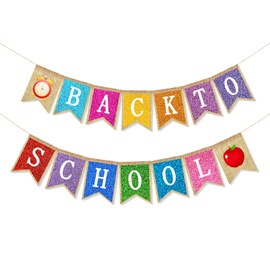 JUESMOS Back to School Burlap Banners Pre-Assembled First Day of School Banner for Kindergarten Preschool Party Supplies Teacher Banners Photo Props Classroom Bulletin Board Decorations