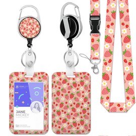 Strawberry Flowers Retractable Badge Holders with Lanyard,Cute Fruit Id Card Holder Keychain Vertical ID Protector Clips,Funny Name Tags Clips with Heavy Duty Badge Reel for Women Men