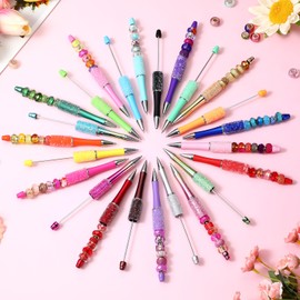 Kosiz 24 Pieces Plastic Beadable Pen Diamond Beadable Pens Bulk Colorful Beaded Pens Plastic Black Ink Bead Pens Making Kit DIY Pens for Students Presents Office School Supplies(Multicolor)