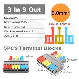 MiJunHD 3 In 9 Out Quick Lever Push-in Electrical Wire Terminal Block, 5 PCS Wire Connector Splitter Distribution for Surface Wiring & Circuit Inline (0.08-6mm² Wire, 35-10 AWG, 250V, 35A)