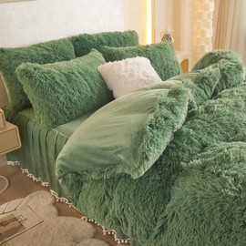 Fluffy Sage Green Comforter Set, Fluffy Plush Shaggy Duvet Cover 1 Pieces Set (1 Faux Fur Duvet Cover) Velvet Bedding twin bed set ,Zipper Closure (Sage Green, Twin)