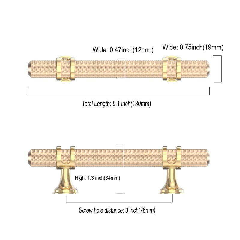 Coinkoly 10 Pack 3"(76mm) Gold Cabinet Pulls Knurled Kitchen Cabinet
