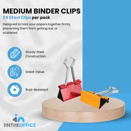 1InTheOffice Medium Binder Clips, Paper Binder Clips, 5/8 Inch Capacity, Assorted Colors, 24 Pack