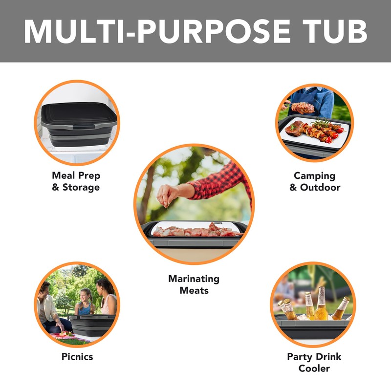 Large Collapsible BBQ Prep Tub with Locking Lid, Basket for