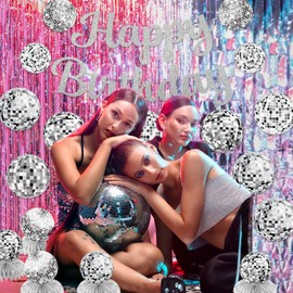 NUTTYBASH Disco Birthday Party Decorations, Disco Happy Birthday Banner Silver Disco Ball Hanging Swirls, Disco Ball Honeycomb Centerpieces, 70s 80s 90s Disco Themed Party Decorations