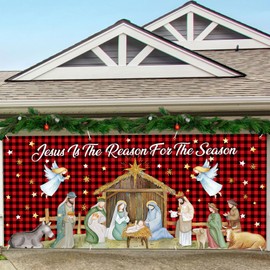 Tingjoo Christmas Nativity Garage Door Banner Cover 16 x 7 ft Large Christmas Garage Door Decorations Jesus is The Reason for The Season Red Buffalo Plaid Background for Photo Christmas Party Outdoor