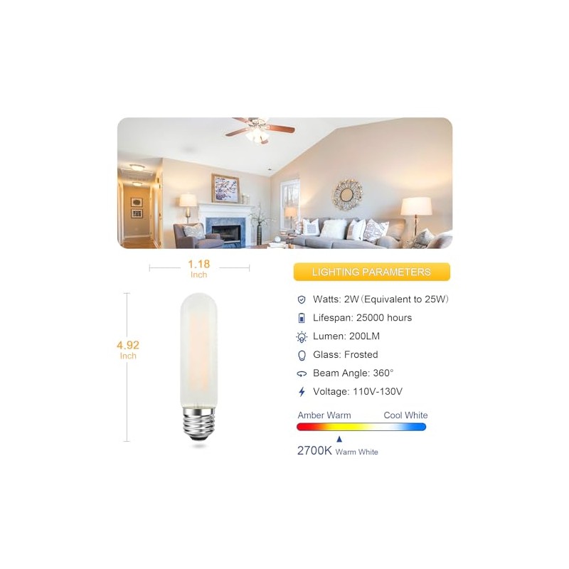 Frosted T10 LED Light Bulbs 25W Equivalent, E26 Base, 2700K