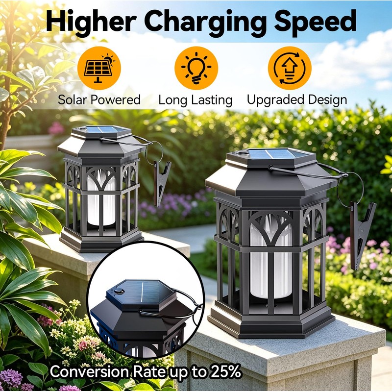 Amzxart 2 Pack Solar Lantern Outdoor Lights, Upgraded Flame Solar