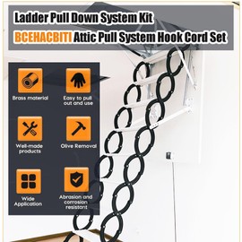Ladder Pull Down System Kit - BCEHACBITI Attic Pull System Hook Cord Set Replacement for Cord Ropes with 60 Inch Extension Pole and Copper Storage Hook Handle Parts Tool