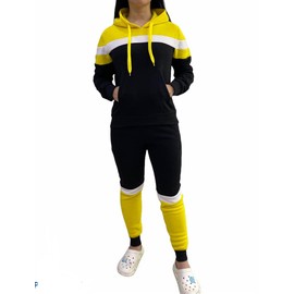 Women's Pull Over Fleece Jogger Warm sweat suit (Black/Yellow, S)