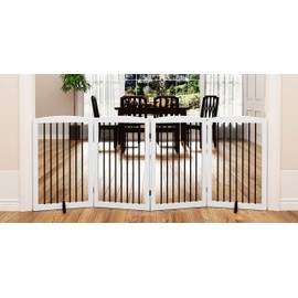 PUPETPO Freestanding Pet Gate for Dogs, Indoor Wooden Dog Gate for House, Foldable Dog Gate for Doorway, Stair, Step Over Pet Puppy Safety Fence Tall, 80 Inch Wide, 4 Panels 32",White
