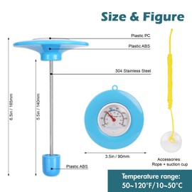 SPOROLWE Floating Pool Thermometer Easy Read – Battery-Free, Color-Coded Ideal Zone, IPX6 Waterproof 304 Stainless Steel Probe, Tether & Suction Cup for Pool, Hot Tub, Spa, Pond & Cold Plunge, Blue