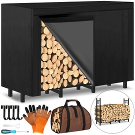LifeisLuck 4FT Outdoor Firewood Rack, Wood Storage with 600D Waterproof Oxford Cover Heavy Duty 8 Legs Firewood Log Holder Indoor with Log Carrier, Gloves, and Kindling Hooks for Fireplace Patio Deck Wood Rack