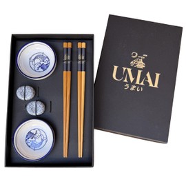 UMAI Sushi Set | Includes 2 Pairs of Reusable Japanese Chopsticks + 2 Soy Bowls + 2 Ceramic Holders | Perfect for Chinese Food and Sushi | Elegant Case Ideal for Gift