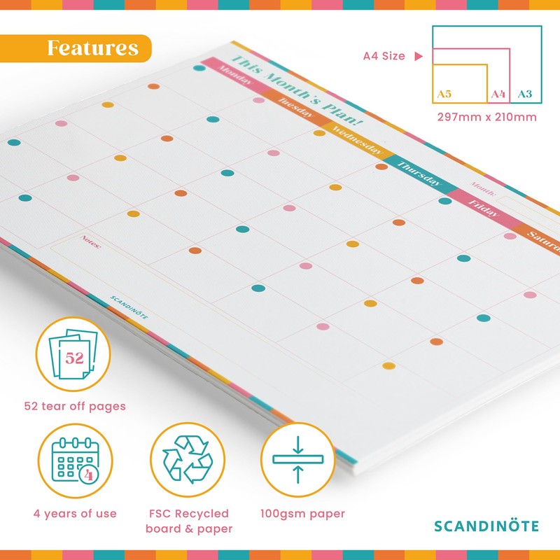 SCANDINÖTE Monthly Planner Pad. A4 Undated Calendar & Scheduler. 52