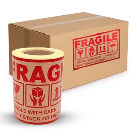 MD Labels Kraft Labels on Roll 150 x 90 mm - 100 Labels - 100 Pieces - Fragile - Handle with Care - Keep Dry - Don't Stack or Drop - This Way Up