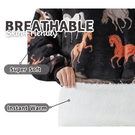 Huglanket Horse Gifts for Girls, Women, Horse Lovers, Wearable Flannel Horse Blanket Hoodies, Super Soft Warm Cozy with Big Pockets - One Size Fits Most, Blackv