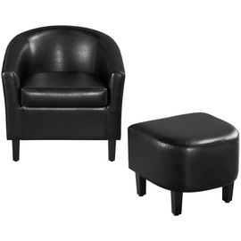 Topeakmart Accent Chair with Ottoman, Mid Century Modern Barrel Faux Leather Chair with Footrest Comfy Armchair and Ottoman Set, Upholstered Club Tub Chair for Living Room Bedroom Reading Room, Black