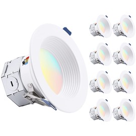 TORCHSTAR 8-Pack 5CCT 4 Inch LED Integrated Canless LED Recessed Lighting with J-Box, Anti-Glare Deep Baffle, CRI90 Dimmable Ceiling Downlight, ETL ES, Air Tight IC Rated, 2700K3000K3500K4000K5000K