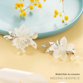 Heread Flower Wedding Hair Clips Silver Leaf Hair Barrette Crystal Hair Pins Bridal Hair Accessories for Women and Girls (Pack of 2)