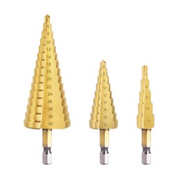 Flintronic HSS Step Drill Bit Set 3 Pieces, Hex Shank Step Drill Bit 4-12 mm/4-20 mm/4-32 mm Triangular Metal Drill, Taper Drill Bit Titanium-Coated Peeling Drill Bit for Metal, Brass, Wood, Plastic -