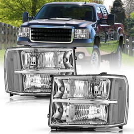 TUSDAR Fit for 2007-2013 GMC Sierra 1500 Headlight Assembly 07-14 GMC Sierra 2500 HD 3500 HD OE Factory Style Replacement LH+RH Chrome Housing with Clear Reflector
