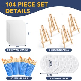 AROIC 104 PCS Professional Painting Set with Easels, 8 Wood Easels,80 Brushes with Nylon Brush Head,8 Drawing Boardart and 8 Palette, Painting Supplies kitfor Kids & Adults to Painting Party