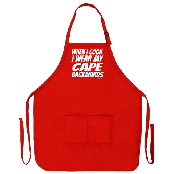When I Cook I Wear My Cape Backwards Funny Apron for Kitchen Two Pocket Apron Red