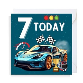 Second Ave Racing Car 7th Birthday Age 7 Square Children's Kids Birthday Greeting Card for Boy or Girl