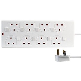 ShaniTech 8 Way Gang 2 Metre 13A Mains Individually Switched Power Extension Lead Socket White