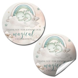 Magical Baby Dragon Baby Shower Stickers for Boys - 40 2" Round Thank You Labels - Cute Fantasy Party Favor Stickers, Envelope Seals & Gift Bag Labels by Amanda Creation