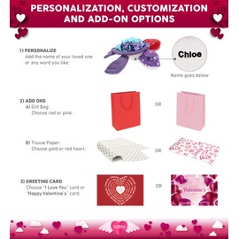 DolliBu I Love You Valentine Plush Purple Sea Turtle - Cute Stuffed Animal with Red Heart and Name Personalization Gift for Valentines Day, Birthday, Anniversary - 7.5 Inches