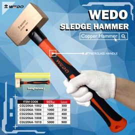 WEDO Copper Sledge Hammer 4.5lb, Strike Drilling Hammer with Fiberglass Handle, Club hammer, Crack Hammer, Double Face Copper Hammer, Die-Forged, Corrosion Resistant, 16" Length