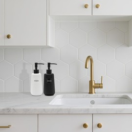 Karisky Kitchen Soap Dispenser Set with Stainless Steel Pump and Funnel, Modern Ceramic Refillable Hand and Dish Soap Dispenser Set for Kitchen, Bathroom, Office, Hotel, Matte Black and White