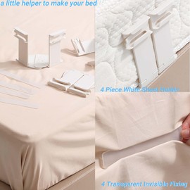 WISIRENT Pack of 4 White Fitted Sheet Holder, Adjustable Mattress Holder to Prevent Slipping, Fitted Sheet Straps with Invisible Mounting Strips for Bed Sheet, Mattress