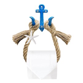 Perfeso.L Beach Rope Towel Rack - Bathroom Decor Toilet Paper Holder Nautical Towel Ring, Wall Mount Coastal Themed Toilet Paper Roll Holder with Metal Anchor Hooks-Rustic Blue