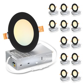 LVWIT 12 Pack Ultra-Thin Recessed Lighting 4 Inch with Junction Box, 800LM 2700K-5000K 5CCT LED Ceiling Lights, Dimmable Canless Wafer Downlight, ETL,FCC&IC, Smooth Trim, Black