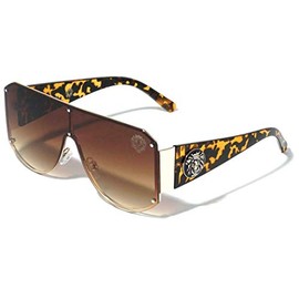 Kleo Oversized Shield One piece Lens Lion Head Medallion Luxury Sunglasses (Tortoise & Gold Frame, Brown Gradient Lens)