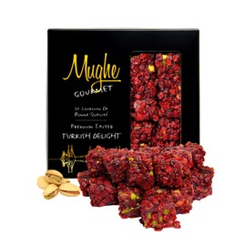 Mughe Gourmet Luxury Zereshk Barberry Turkish Delight with Pistachios and Pomegranate Flavor 360g (13oz) 20pc - Gourmet Gift Box - Sweet and Sour Zereshk Grape Pistachio Coating - Ideal for Fathers Day, Birthday