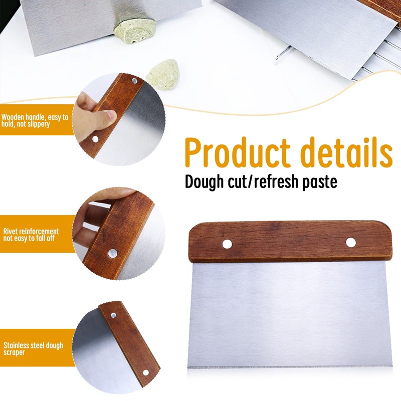 Bench Scraper for Baking, 2PCS Dough Scrapers Wooden Handle Dough