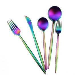 Matte Rainbow Silverware Set,Gugrida 5-Piece 18/10 Stainless Steel Satin Finish Flatware Set,Kitchen Utensil Set,Tableware Travel Cutlery Set for Camping Office or School Lunch, Dishwasher Safe