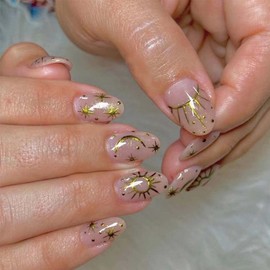 Foccna 24pcs Nude Fake Nails Amlond Glossy Press on Nail Medium Length False Tips Moon Design Artificial Finger Manicure for Women and Girls